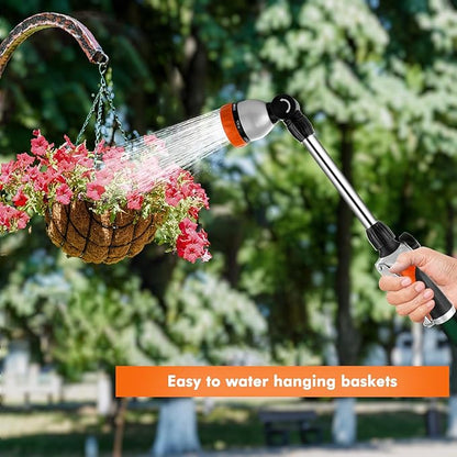 RESTMO Metal Watering Wand, Heavy Duty Garden Hose Wand with 180° Swivel Ratcheting Head, 16'' Hose Nozzle Sprayer with 7 Spray Patterns and Flow Control, for Water Hanging Baskets and Shrubs, Orange