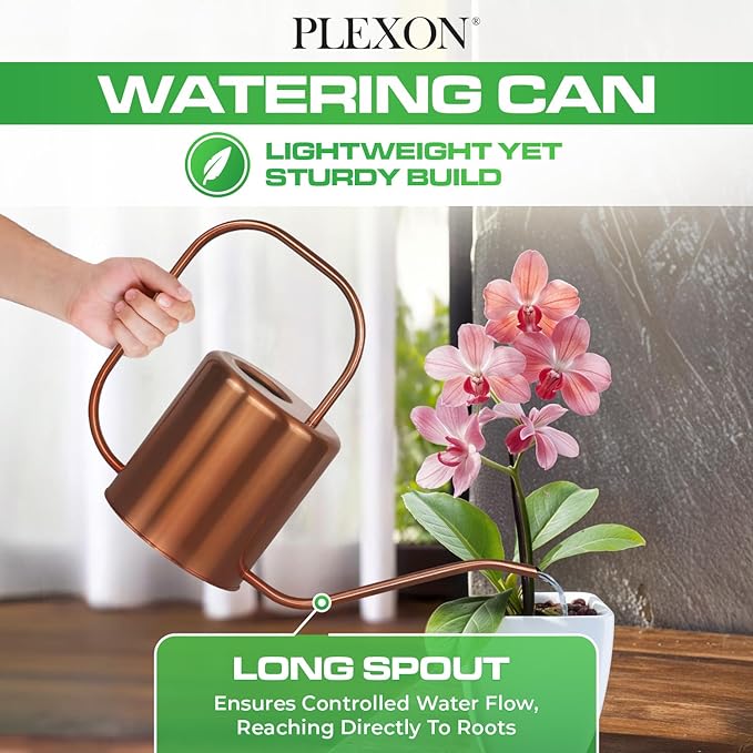 Plexon Rose Gold Metal Watering Can Indoor Plants, 54 oz Stainless Steel Long Spout Watering Can Outdoor House Plant Flower, Garden