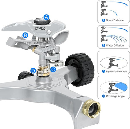 STYDDI Metal Pulsating Sprinkler on in-Series Metal Wheeled Base, Adjustable Circular Water Sprinkler for Medium to Large Circular Lawn, Yard, Garden and Large Areas, Coverage up to 6,360 Sq. ft