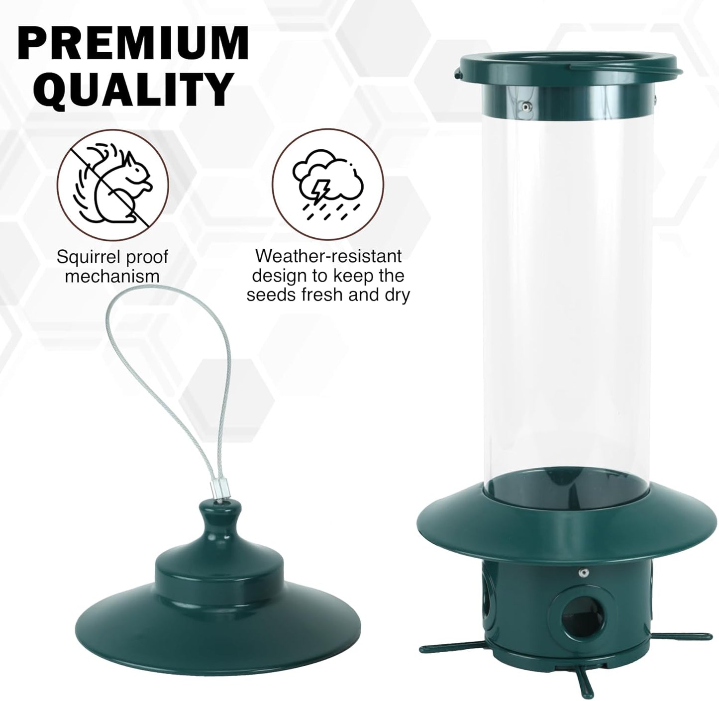 Squirrel Proof Bird Feeders, Heavy Duty Metal Wild Bird Feeders, Bird Feeders for Outdoors Hanging, Large Capacity, Easy-to-Fill and Clean, 4 Metal Perches, 2.5L, Garden Green