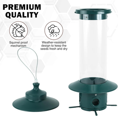 Squirrel Proof Bird Feeders, Heavy Duty Metal Wild Bird Feeders, Bird Feeders for Outdoors Hanging, Large Capacity, Easy-to-Fill and Clean, 4 Metal Perches, 2.5L, Garden Green