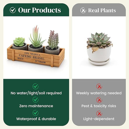 DomeStar 3PCS Small Fake Plants, Artificial Succulents Plants with Wooden Box for Home Bathroom Kitchen Office Farmhouse Decor Green