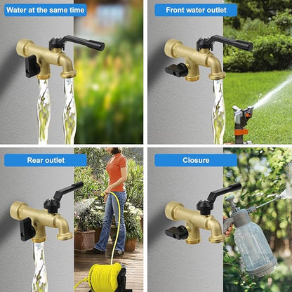 Double Outdoor Faucet, Outside Tap Garden Water Faucet Wall Mounted 3/4 inch NPT Female Inlet & Two Outlets, Frost-proof Brass Outside Spigot for Home Balcony Hose Connector (Copper 3/4" Female Inlet)