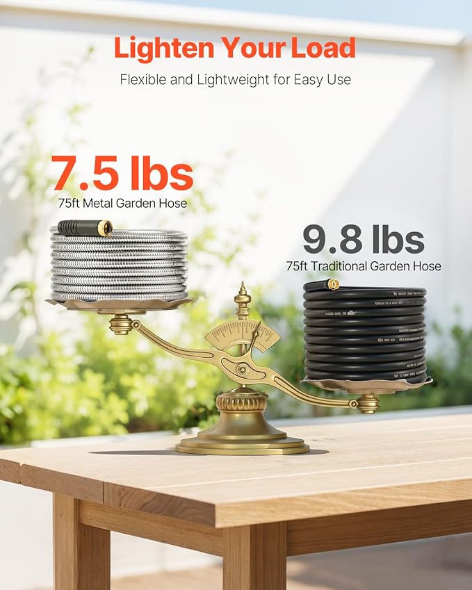 VEVOR Garden Hose Metal 75 ft, Rust Proof Stainless Steel Water Hose, Heavy Duty Backyard Hose with 10 Function Nozzle, No-Kink & Flexible Water Pipe, Lightweight Metal Hose for Yard, Outdoor