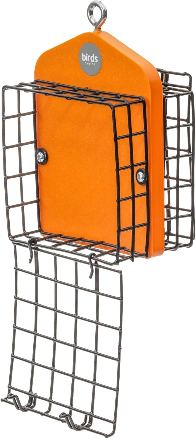 Birds Choice Suet Cage Feeder, Holds 2 Suet Cakes | Hanging Bird Suet Feeder for Woodpeckers, Jays, Nuthatches | Vinyl Coated Grids | Sturdy for Garden, Backyard, Outdoor | Orange, 5" L x 4" W x 8" H