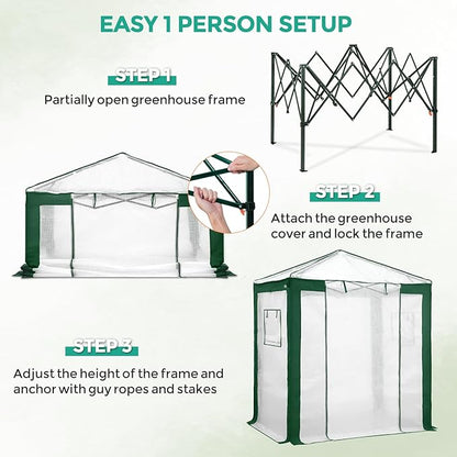 EAGLE PEAK 6x4 Portable Walk in Greenhouse with Polyester Reinforced Corners, Instant Pop up Indoor Outdoor Gardening Green House, Roll Up Zipper Entry Door and Mesh Windows, Green/White
