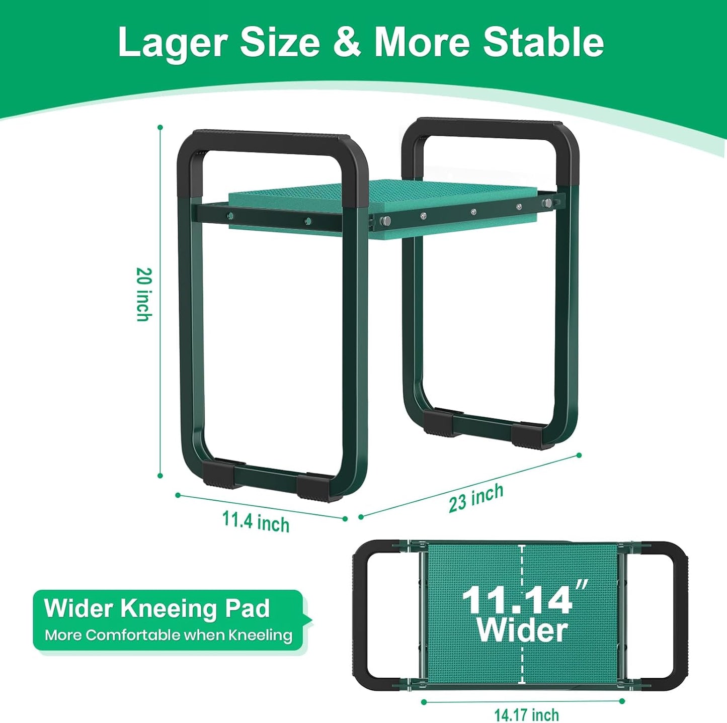 TomCare Garden Kneeler and Seat 11.14” Wider Larger Soft Kneeling Pad Garden Bench with 2 Large Tools Pouches Heavy Duty Foldable Garden Stool Gardening Gifts for Women Men Gardeners Seniors,Green