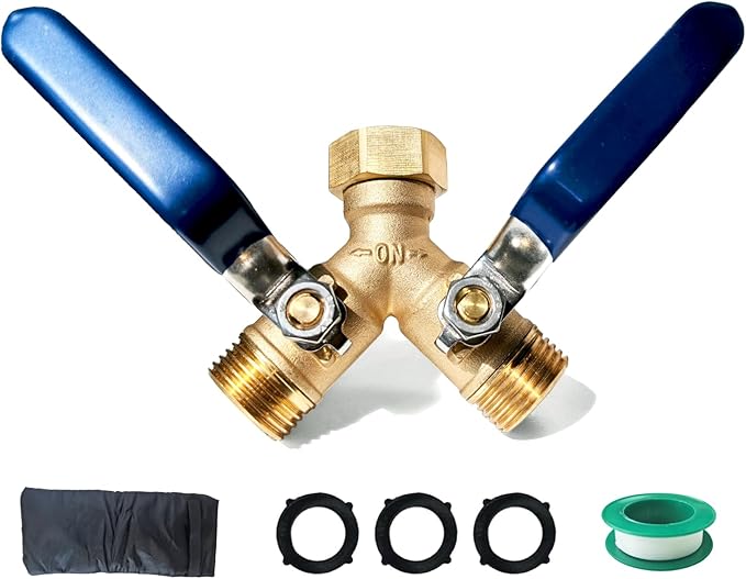Garden Hose Splitter 2 Way Heavy Duty Brass Hose Splitter With 304 Stainless Steel Long Handle & Winter Faucet Protector, 3/4" Y Valve Thread High Flow Outdoor Faucet Splitter