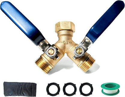 Garden Hose Splitter 2 Way Heavy Duty Brass Hose Splitter With 304 Stainless Steel Long Handle & Winter Faucet Protector, 3/4" Y Valve Thread High Flow Outdoor Faucet Splitter