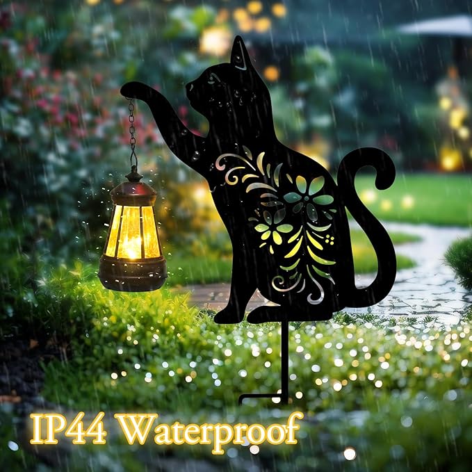 Afirst Solar Outdoor Garden Stake Solar Cat Decorative Stake Light with Lantern Decorative Lights Metal Outdoor Ornament for Yard Pathway Lawn Patio Decoration