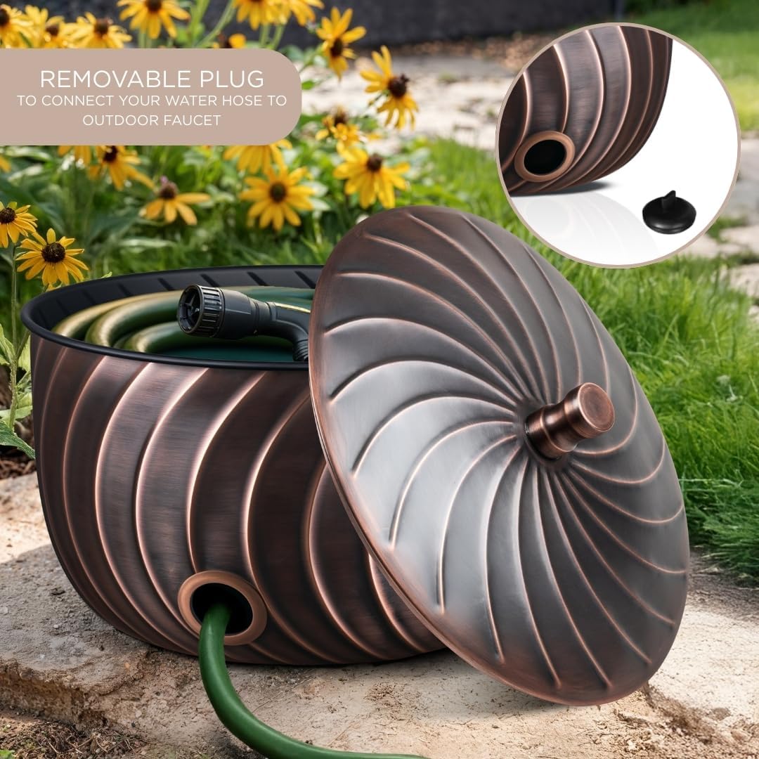Monarch Abode Decorative Garden Hose Holder with Lid, Antique Copper Storage for Outdoor Use, 100 ft Water Hose Pot for Outside, Wave Embossed Metal Pot with Drainage, Garden Storage Organizer