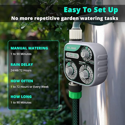 QUOBAS 3-Dial Analog Water Timer, Mechnical Control Automatic Sprinkler Timer with Manual and Rain Delay, for Garden Hose Watering, Drip Irrigation