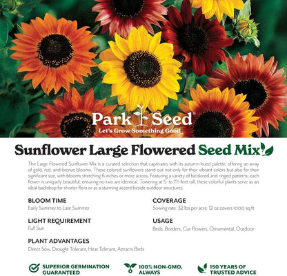 Park Seed Grow Your Own Vibrant Annual and Perennial Wildflower Garden Seeds Mixture, Easy to Grow Varieties for Pollinators and Spring Gardens - Large Colored Sunflower Mix, 1/4 lb