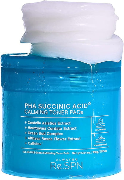 Re.SPN PHA Succinic Acid Calming Toner Pads – Daily Exfoliating, Hydrating and Soothing with CICA, Caffeine, Non-comedogenic, Vegan, Glass Skin, K-Beauty (70 Count)