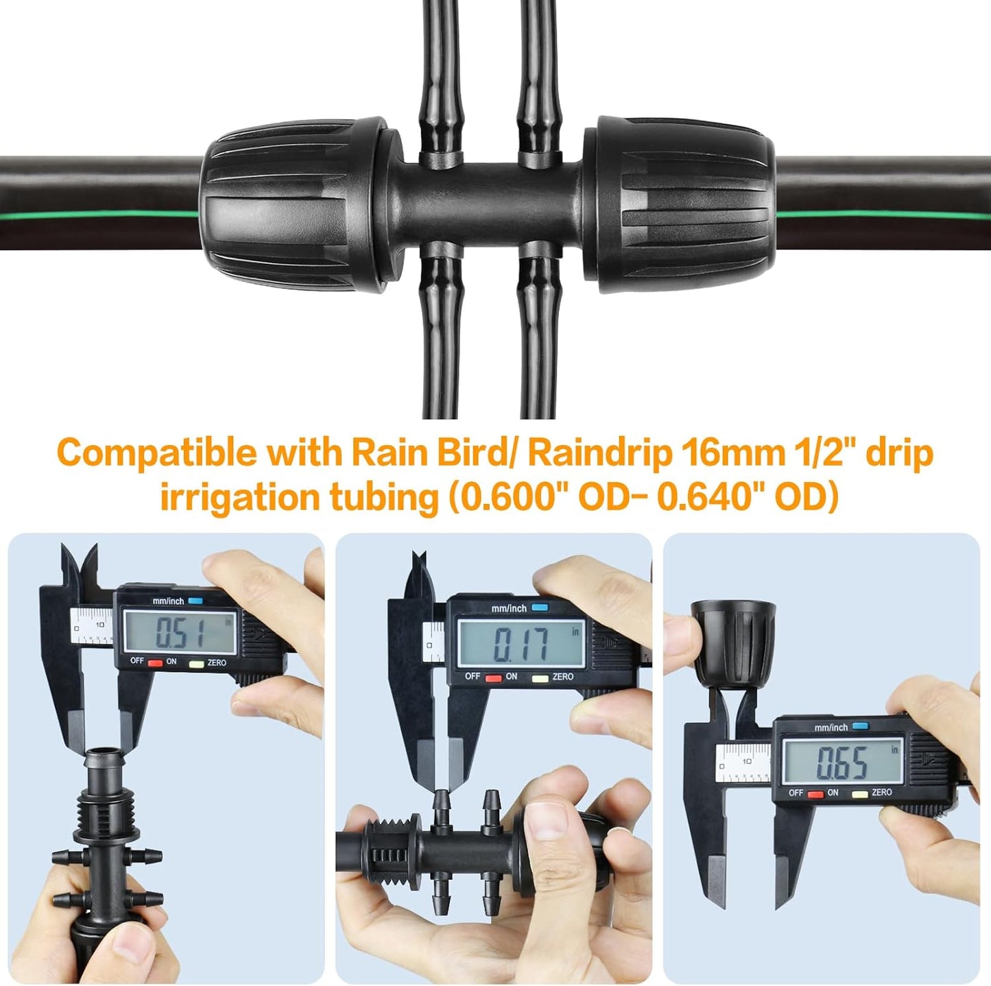 Drip Irrigation Fittings for 1/2 Inch to 1/4 Inch Tubing Reducing Tee：1/2" (1/2" ID x 0.65" OD) to 1/4" Anti-Drop Locked Nut Barbed Reducer 6 Way Tee Connectors (12 Pack)