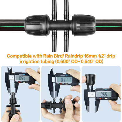 Drip Irrigation Fittings for 1/2 Inch to 1/4 Inch Tubing Reducing Tee：1/2" (1/2" ID x 0.65" OD) to 1/4" Anti-Drop Locked Nut Barbed Reducer 6 Way Tee Connectors (12 Pack)