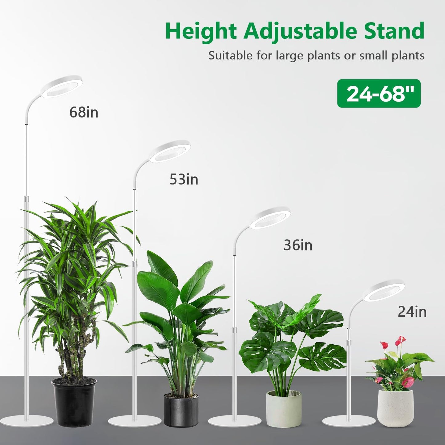 Floor Grow Lights for Indoor Plants, Full Spectrum Plant Light with 68" Stand for Growing Large Tall Plants, White Halo Grow Lamp with 6/12/16H Timer, 3 Light Modes, 5 Dimming