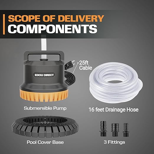 EDOU Pool Pump - Dual Usage Submersible & Pool Cover Pump - 850 GPH Flow Rate - Ideal for Water Draining - Ultra Quiet Pump - Includes 3 Adapters 1/4" 1/2" & 3/4", 25ft Power Cord & 16ft Drainage Hose