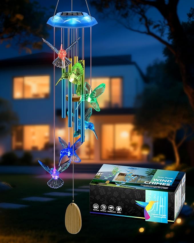 Hummingbird Solar Wind Chimes, Memorial Gifts for Mom, Glowing Top Color Changing Hummingbirds Moblie LED Wind Chime for Outside, Outdoor Home Party Garden Decor Light(Blue)