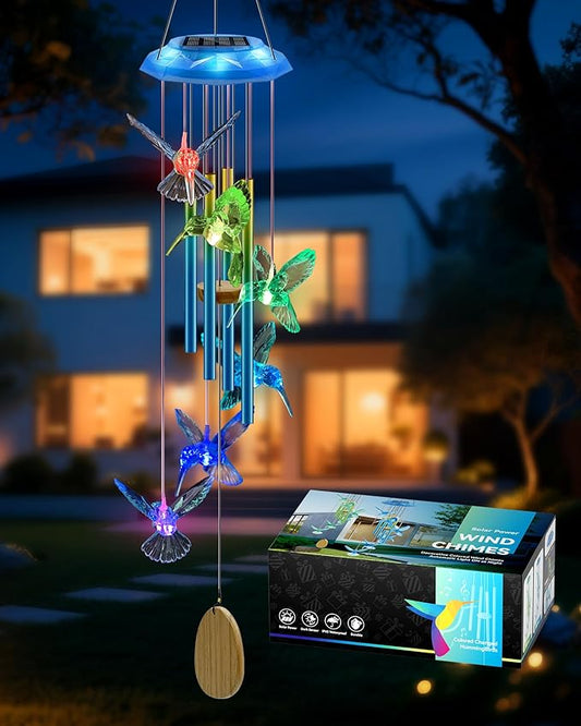 Hummingbird Solar Wind Chimes, Memorial Gifts for Mom, Glowing Top Color Changing Hummingbirds Moblie LED Wind Chime for Outside, Outdoor Home Party Garden Decor Light(Blue)