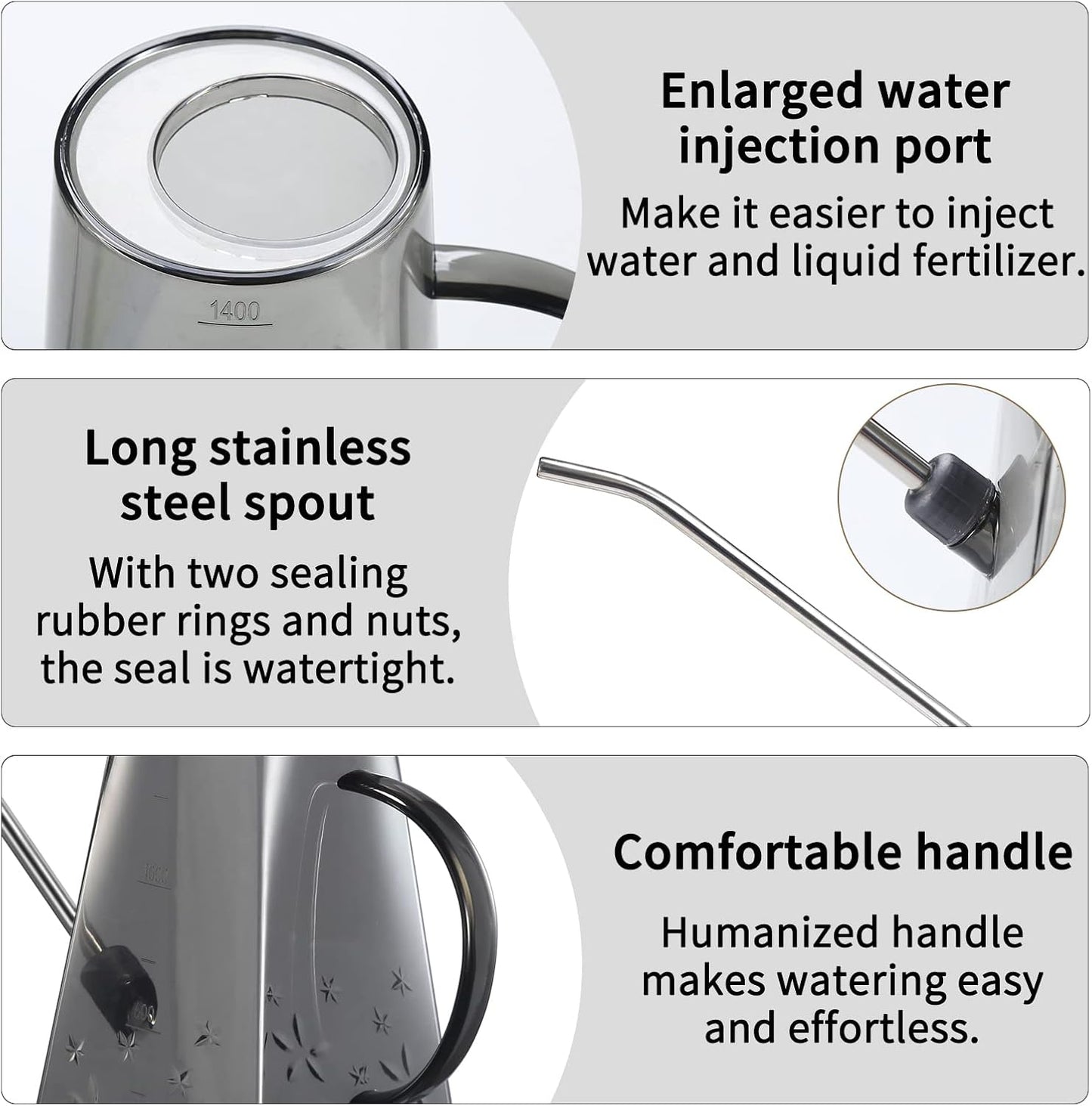 Goowin Indoor Plants Watering Can, Long Spout 47 oz with Bonus 16 oz Spray Bottle & 8.5 oz Squeeze Bottle, Grey