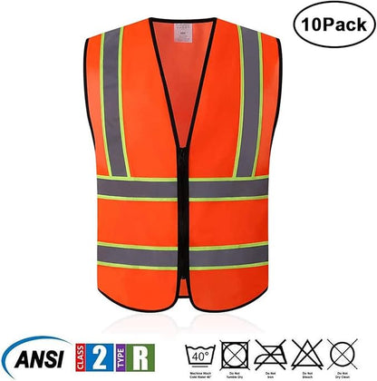 Tekware Safety Vest with High Reflective Strips, Pack of 10 Bright Neon Color Construction Protector with Zipper
