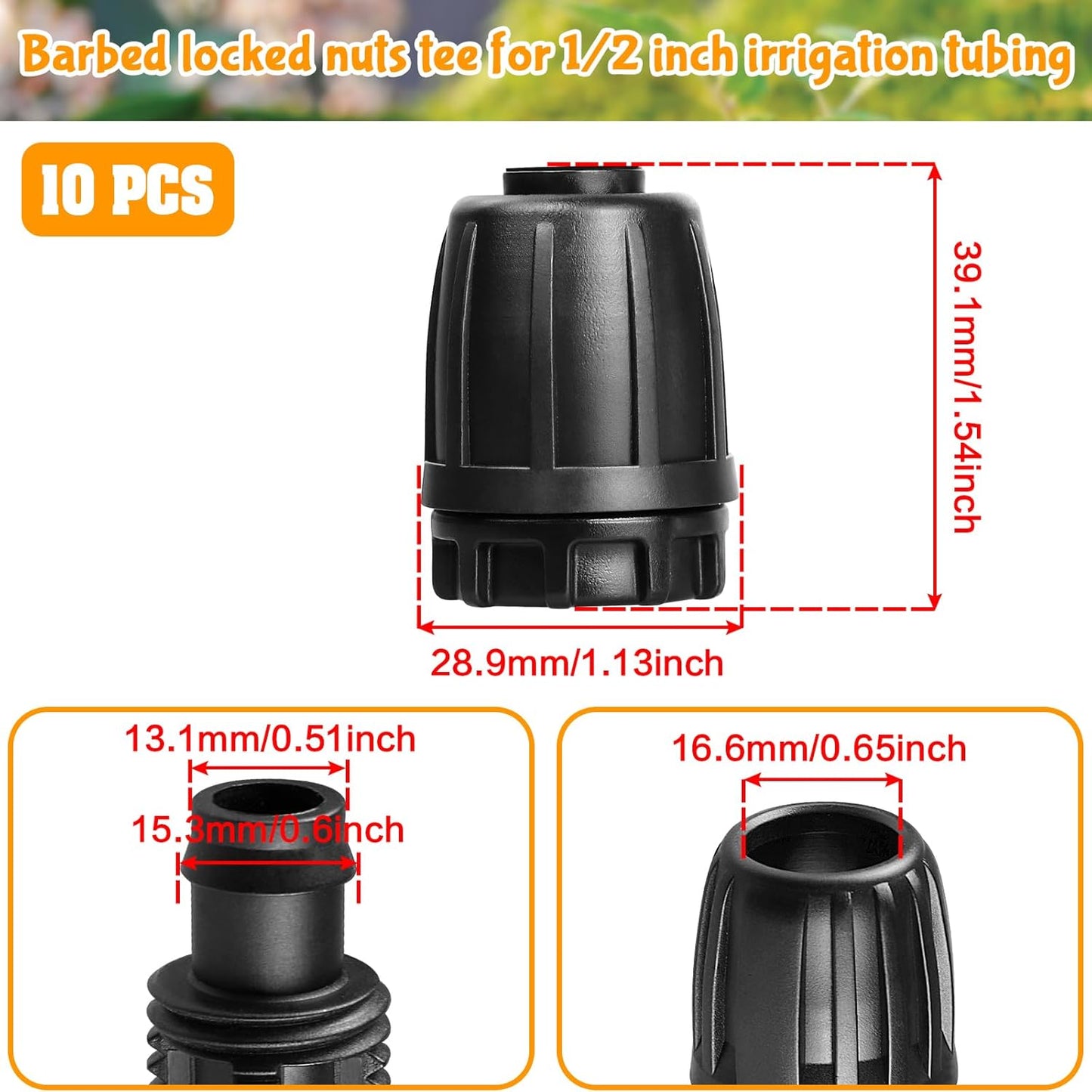 Drip Irrigation Fittings for 1/2 Inch Drip Tubing (1/2" ID x 0.65" OD)：1/2'' Drip Line End Caps Anti-drop Locked Nut Barbed Plug Connectors Garden Irrigation System Parts (10 Pack)