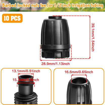 Drip Irrigation Fittings for 1/2 Inch Drip Tubing (1/2" ID x 0.65" OD)：1/2'' Drip Line End Caps Anti-drop Locked Nut Barbed Plug Connectors Garden Irrigation System Parts (10 Pack)