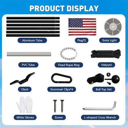 20FT Flag Pole with Solar Light 11 Gauge Aluminum Heavy Duty Flag Pole Kit 100MPH Wind Tested, Includes 2PCS 3x5 Embroidered Stars US Flag for Outdoor Use