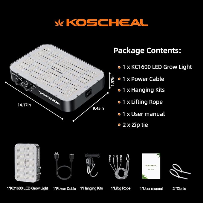 KOSCHEAL 2025 Upgrade KC1600 Dimmable Plant Grow Light: 3 Modes (Veg, Bloom, Veg+Bloom), 0-100% Dual Knob Dimming, 2.9μmol/J PAR,LM301H EVO Grow Light,Daisy Chain, Built-in Fan