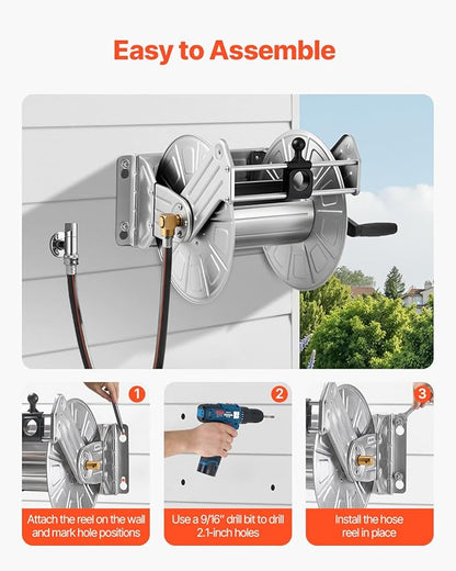 VEVOR Stainless Steel Garden Hose Reel Wall/Floor Mounted, Heavy Duty Manual Hose Winder Holds 150 ft 5/8 in Water Hoses, Outdoor Reel with Brass Fittings & 5 ft Leader Hose for Lawn, Yard, Garage
