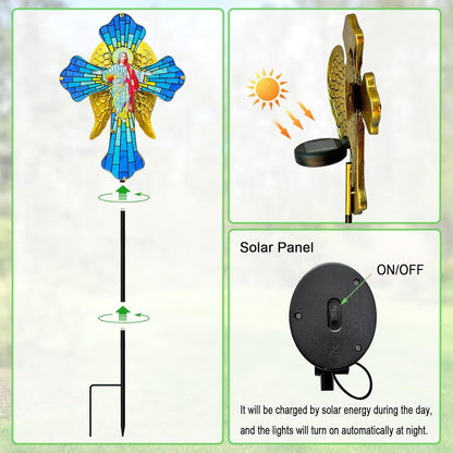 Solar Jesus Cross for Gemetery Graver,Golden Angel Wings,Grave Decorations for Cemetery,Sympathy Memorial Gifts,Christmas Yard Decor Outdoor