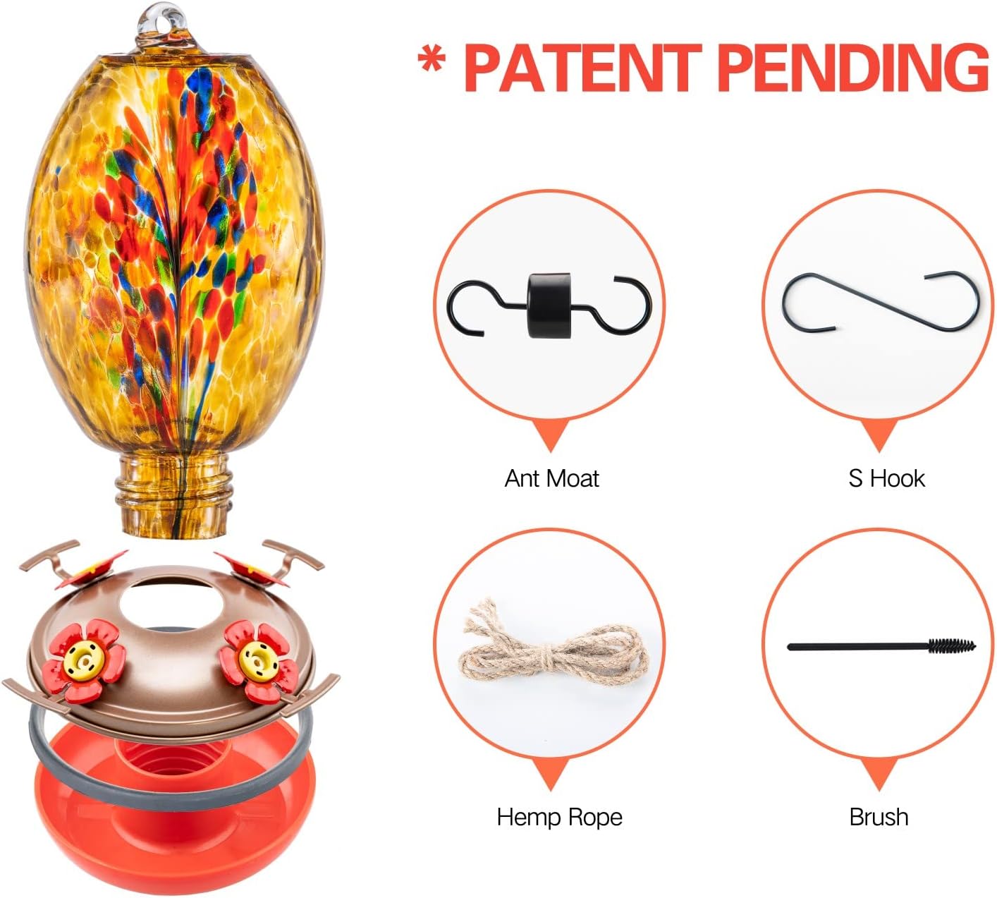 Muse Garden Glass Humming Bird Feeders for Outdoors - 27OZ Blown Glass Hummingbird Feeder - Unique Gift for Mom Women Grandparents, Outdoors Hanging Garden Decor, Ant Moat & Brush, Amber Fireworks