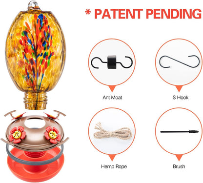 Muse Garden Glass Humming Bird Feeders for Outdoors - 27OZ Blown Glass Hummingbird Feeder - Unique Gift for Mom Women Grandparents, Outdoors Hanging Garden Decor, Ant Moat & Brush, Amber Fireworks