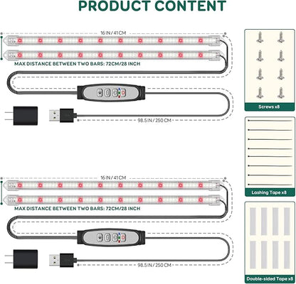 2-Bar Grow Light Strips for Indoor Plants, 16" Full Spectrum Plant Lights, 6500K Sunlike Grow Lights with 6/12/18H Timer, 5-Level Dimmable for Indoor Growing (2 Pack)