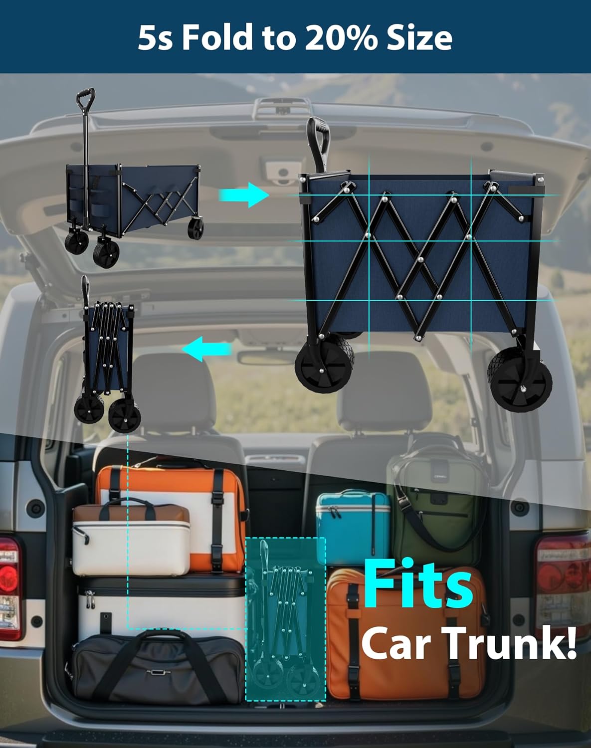 Lightweight Folding Wagon, Large Capacity Collapsible Grocery Cart on Big Wheels, Heavy Duty Foldable Shopping Carts, All-Terrain Outdoor Utility Carts, 3.5 Cu Ft, Blue