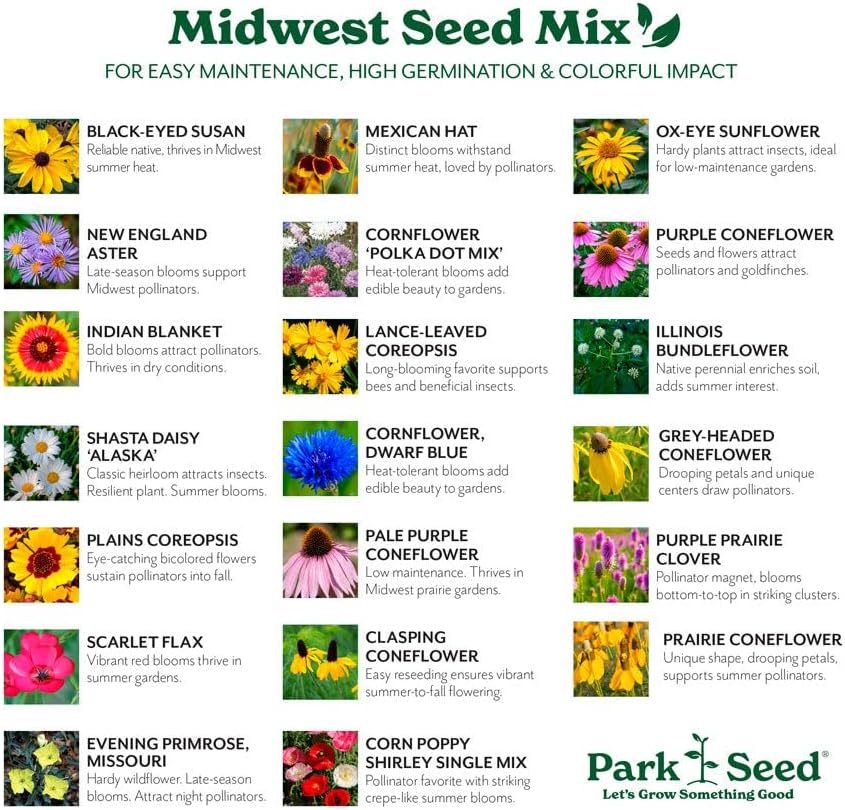 Park Seed Grow Your Own Vibrant Annual and Perennial Wildflower Garden Seeds Mixture, Easy to Grow Varieties for Pollinators and Spring Gardens - Midwest Regional Mix, 50 lbs