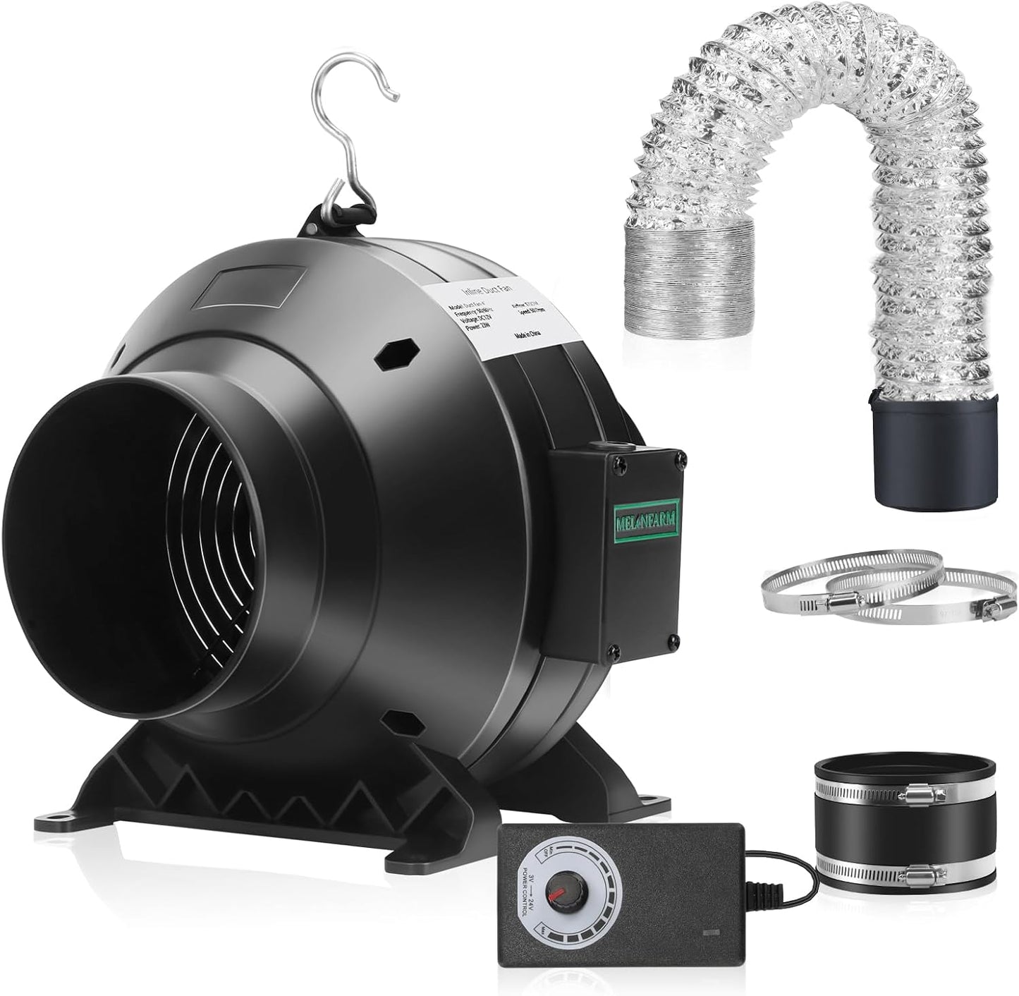 MELONFARM Air Filtration Kit, 4" 190 CFM Inline Duct Fan with E12 Speed Controller, 6.6 Ft Ducting & Rubber Coupler, Ventilation Exhaust Fan for Cooling Booster, Grow Tents, Hydroponics