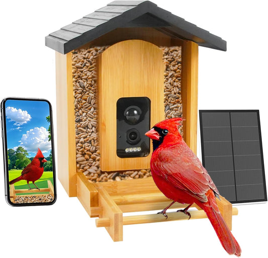 Smart Bird Feeder with Camera 2.5K HD Full Color Night Vision Outdoor Camera, Solar Panels AI recognizes 12,000 Bird Species, Bamboo Birdhouse, A Great Gift for mom and Nature Lovers