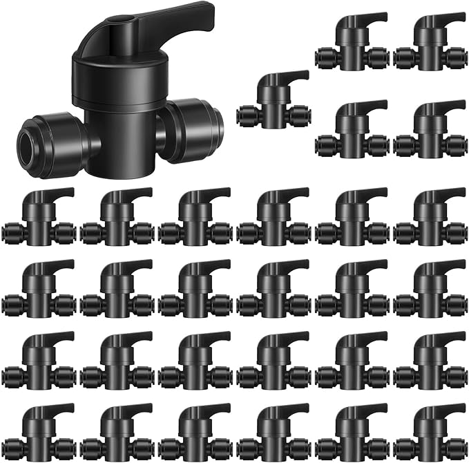 30 Pcs 1/4" Drip Irrigation Tee Connectors for Tube Quick Connect Parts Fittings for 1/4 Inch(6.35mm) Irrigation Tubing or Sprinkler(Black,Shut Off Ball Valve)