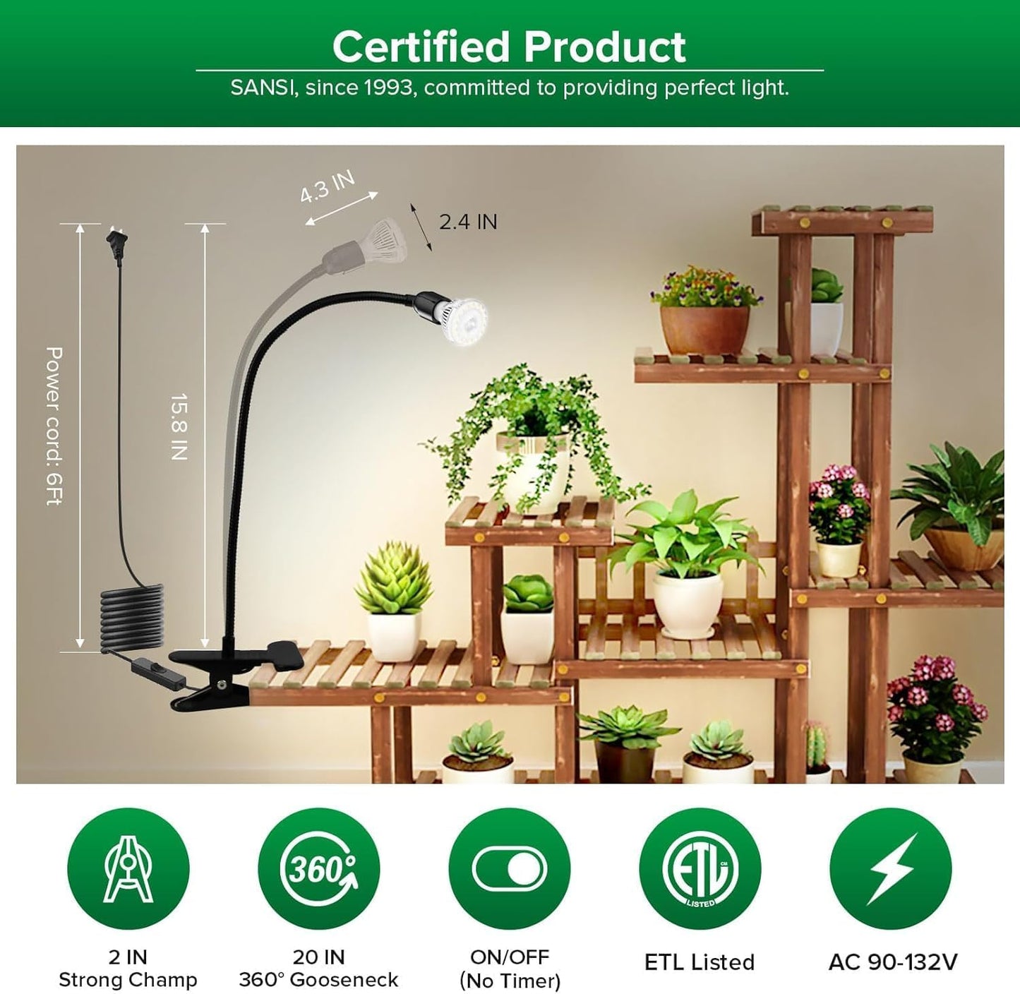 SANSI LED Grow Lights for Indoor Plants, Lifetime Free Bulb Replacement 150W Full Spectrum Gooseneck Clip Plant Light with Optical Lens for High PPFD Growing Power, Grow Lamp