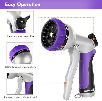 RESTMO Garden Hose Nozzle, Heavy Duty Metal Water Hose Nozzle with 7 Adjustable Spray Patterns, High Pressure Hand Sprayer with Flow Control, Best for Watering Plant & Lawn, Washing Car & Pet, Purple
