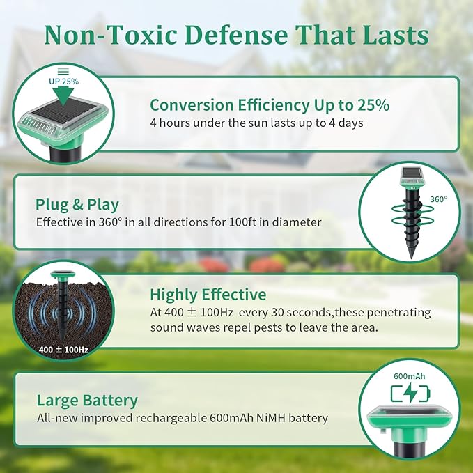 Mole Repellent Solar Powered, IP67 Waterproof Solar Mole Repellent Ultrasonic Snake Repellent Deterrent Gopher Vole Snake Pest and Other Rodent Animals, Get Rid of Moles, Groundhogs