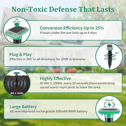 Mole Repellent Solar Powered, IP67 Waterproof Solar Mole Repellent Ultrasonic Snake Repellent Deterrent Gopher Vole Snake Pest and Other Rodent Animals, Get Rid of Moles, Groundhogs