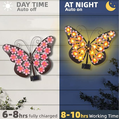 for Women Solar Lights Outdoor Metal Butterfly Wall Decor with 30 Led - 13.5" Outdoor Fence Wall Art,Hanging Decoration for Garden Patio Porch Yard,Xmas Gifts for Mom Grandma