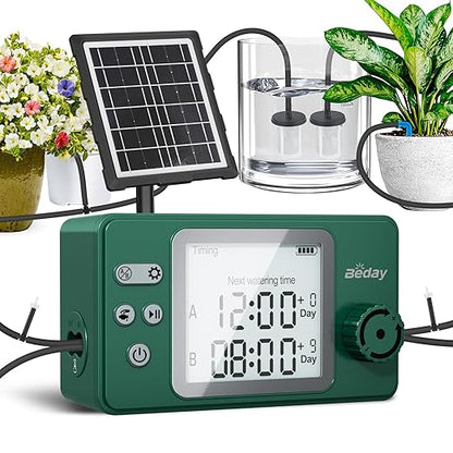 Solar Powered Dual Pump Drip Irrigation Kit for Outdoor Indoor Plants, 2-Zone Smart Self-Watering System with USB Charging, Automatic Plant Waterer for Garden Patio Balcony Vacation