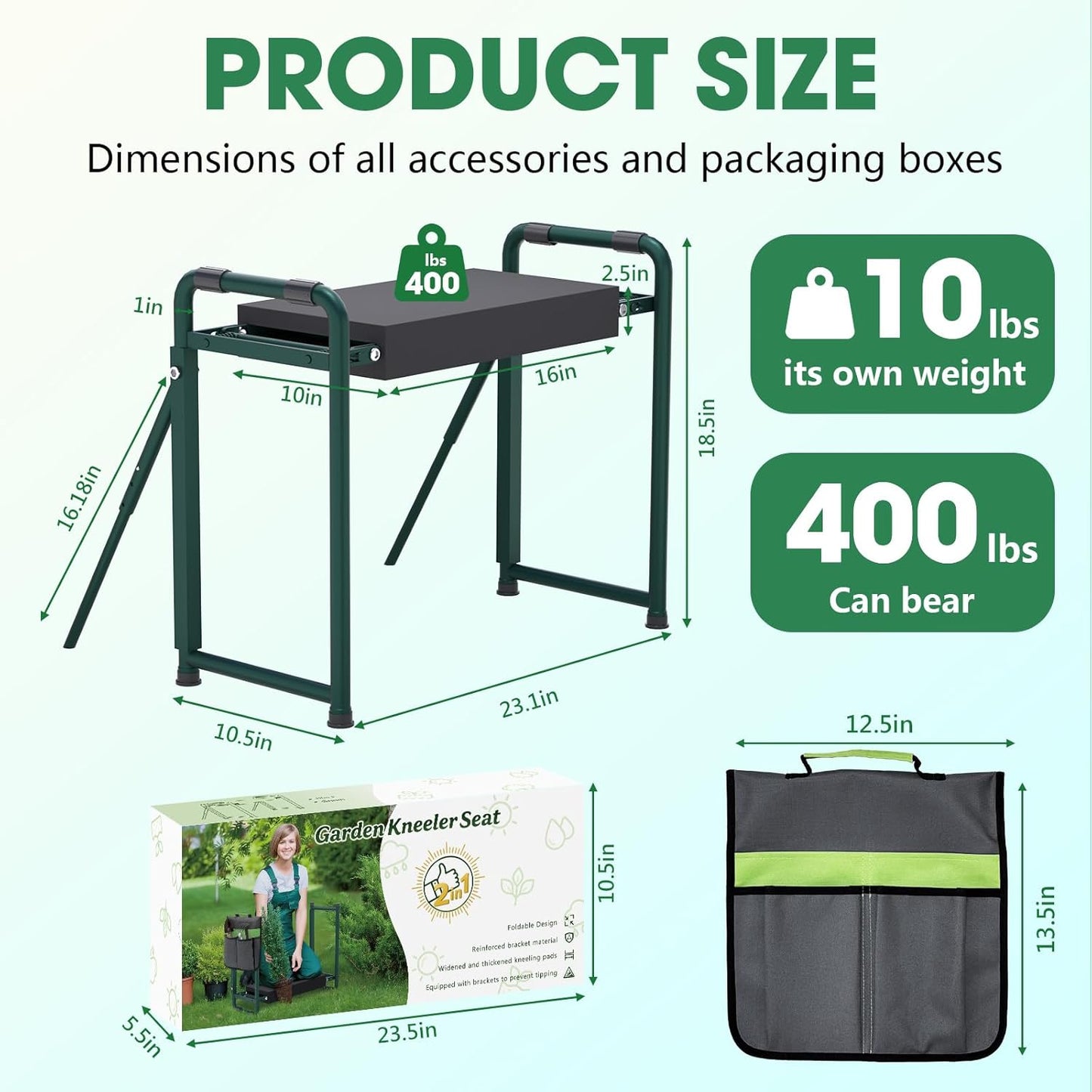 Heavy Duty Garden Kneeler and Seat for Elderly, 400lbs Capacity Foldable Gardening Stool with Support Legs & Thick Pad, Includes Large Tool Organizer Bag, Green