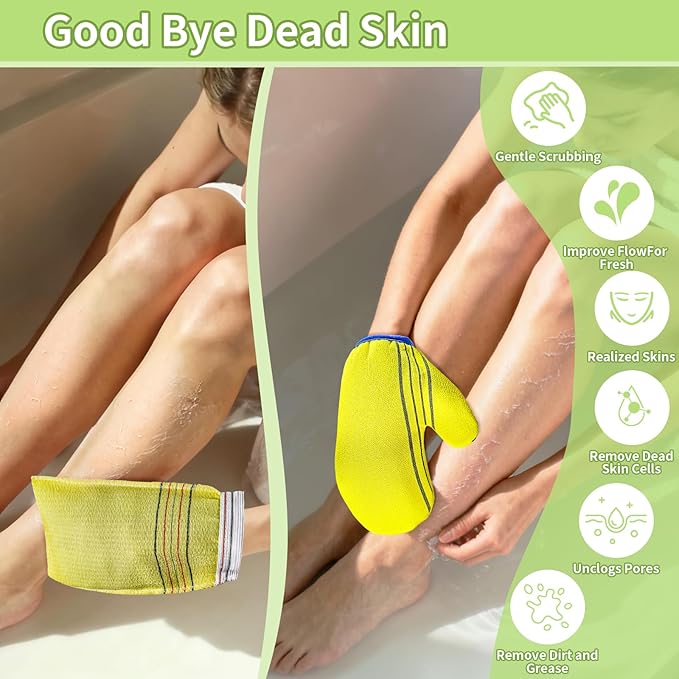 Korean Exfoliating Mitt & Glove Set, 4-Pack Exfoliating Bath Towels and 2-Pack Bath Gloves in Green & Yellow for Deep Dead Skin Removal, Smooth Skin and Spa-Like Experience,