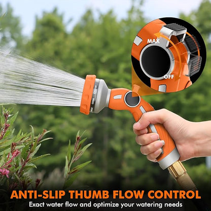 RESTMO Hose Nozzle Heavy Duty, Metal Water Hose Sprayer for Garden, 9 Spray Patterns | High Pressure | Thumb Flow Control | On/Off Valve, Ideal for Lawn & Plant Watering, Car & Pet Washing, Orange