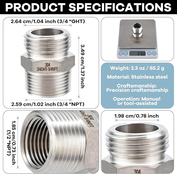 [2 Pack] 304 Stainless Steel Garden Hose Fittings Connectors Adapter Male 3/4”GHT × Male 3/4”NPT With Female 1/2" NPT, Garden Hose to Pipe Fittings Connect